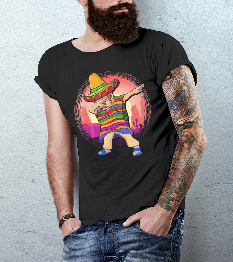 Mexican Poncho Sombrero Dabbing Sunset Cactus Background T-Shirt