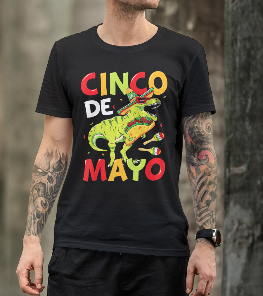 Cinco De Mayo T Rex Kids Boys Dino Sombrero Taco Maracas T-Shirt