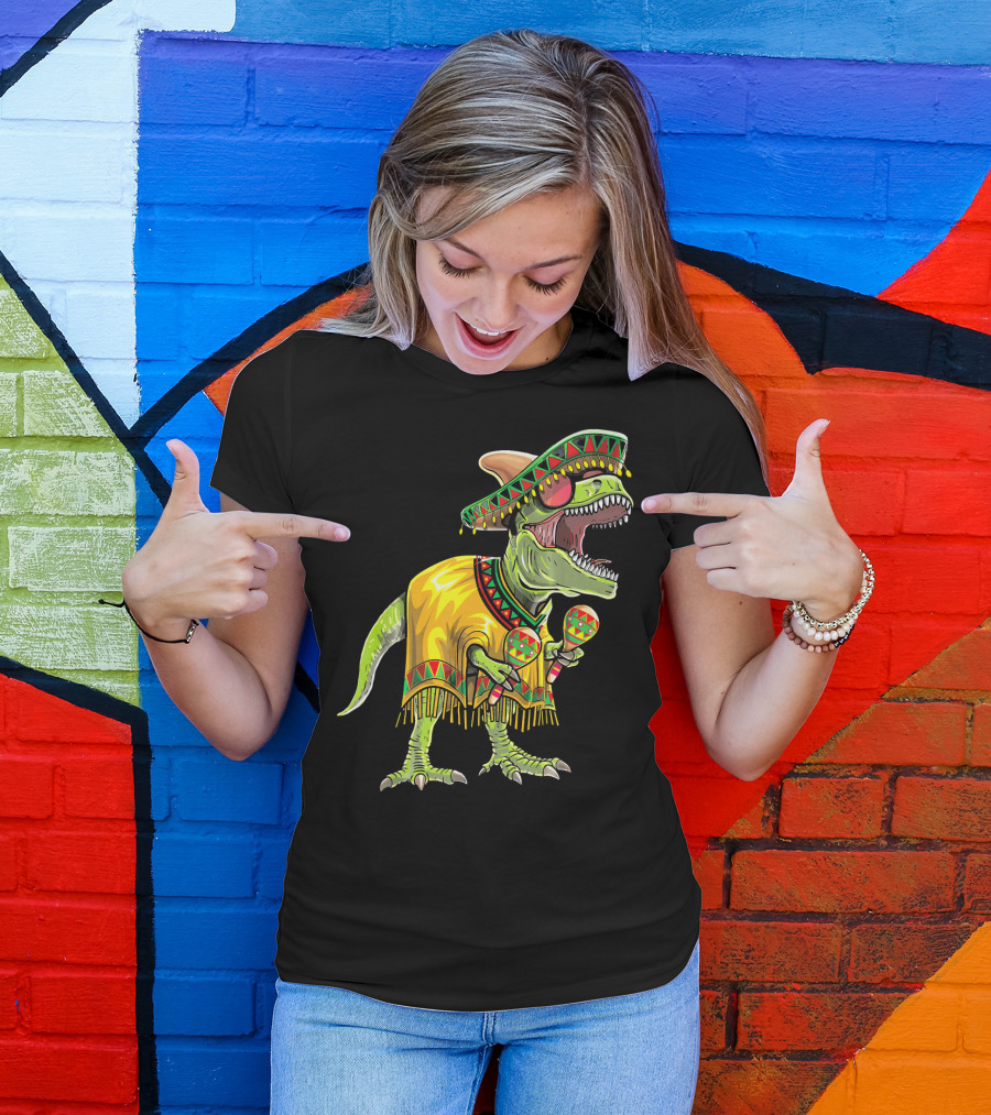 Cinco De Mayo Dinosaur Sombrero Maracas Poncho Fiesta T-Shirt