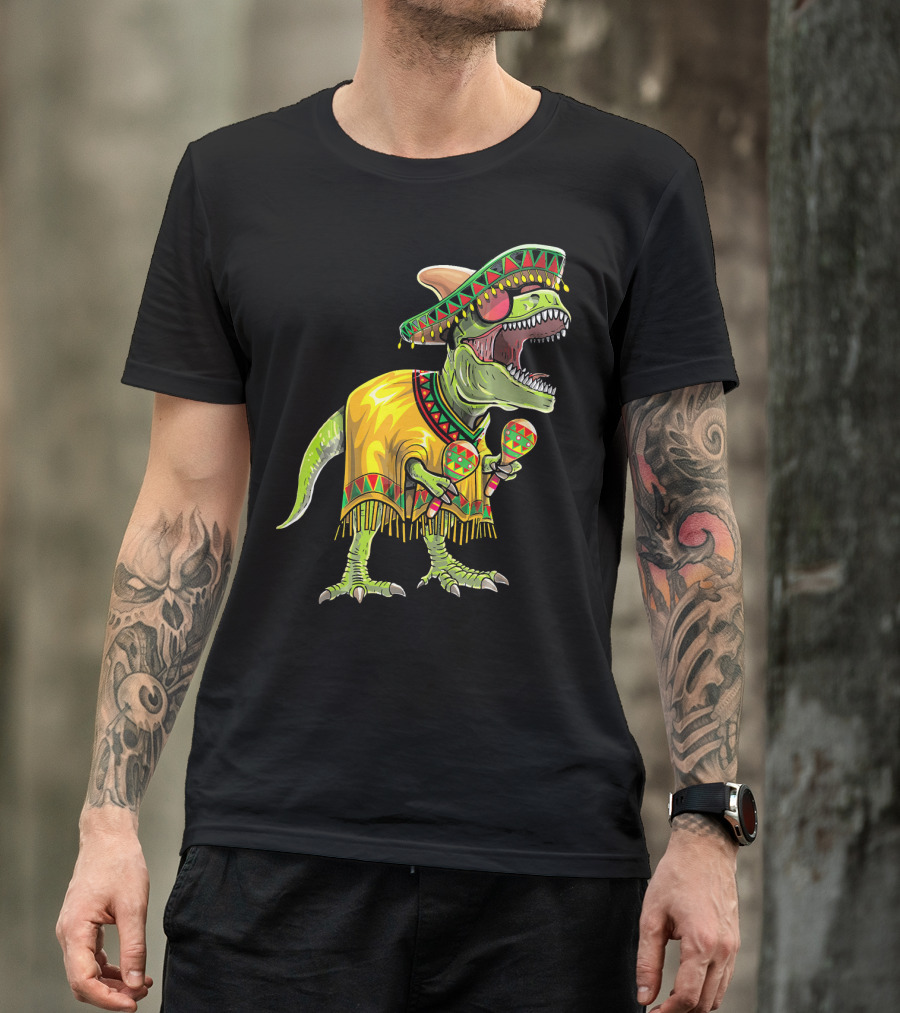 Cinco De Mayo Dinosaur Sombrero Maracas Poncho Fiesta T-Shirt