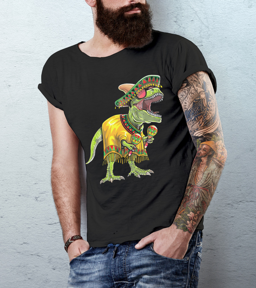 Cinco De Mayo Dinosaur Sombrero Maracas Poncho Fiesta T-Shirt