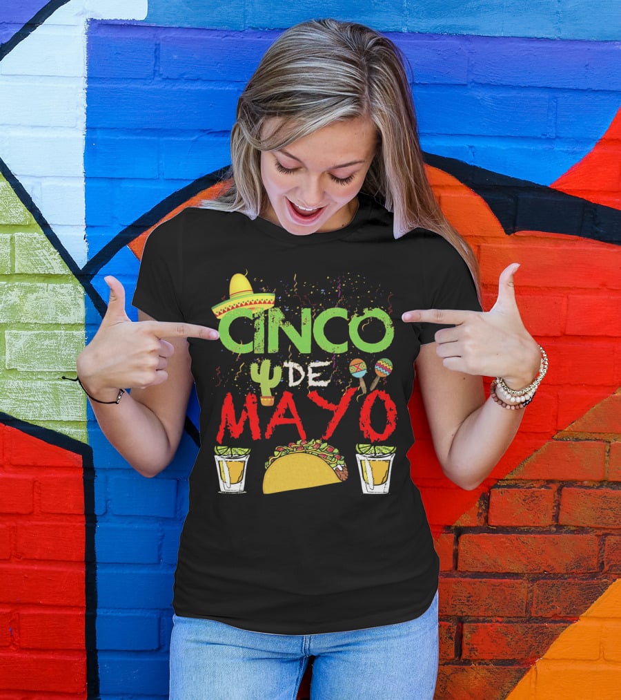 Cinco De Mayo Sombrero Maracas Taco Cactus Drinks Fiesta T-Shirt