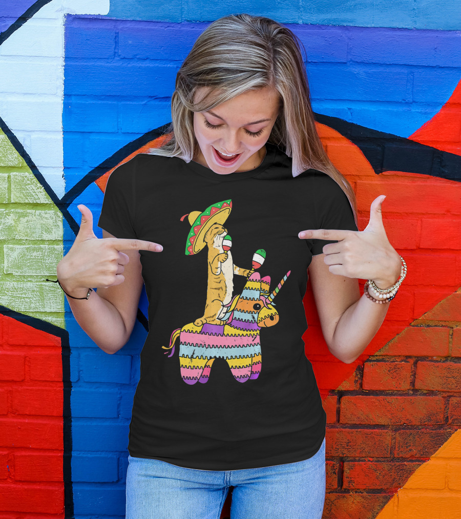 Cinco De Meow Cat Riding Colorful Unicorn Pinata With Sombrero And Maracas T-Shirt