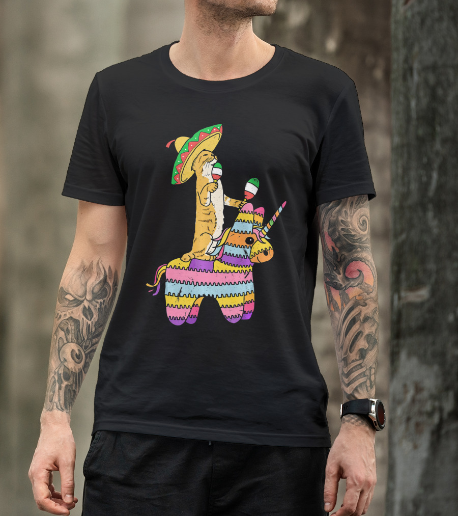 Cinco De Meow Cat Riding Colorful Unicorn Pinata With Sombrero And Maracas T-Shirt