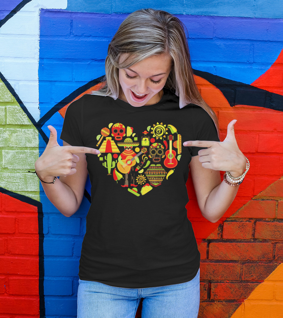 Cinco De Mayo Love Skull Guitar Cactus Sombrero Heart T-Shirt