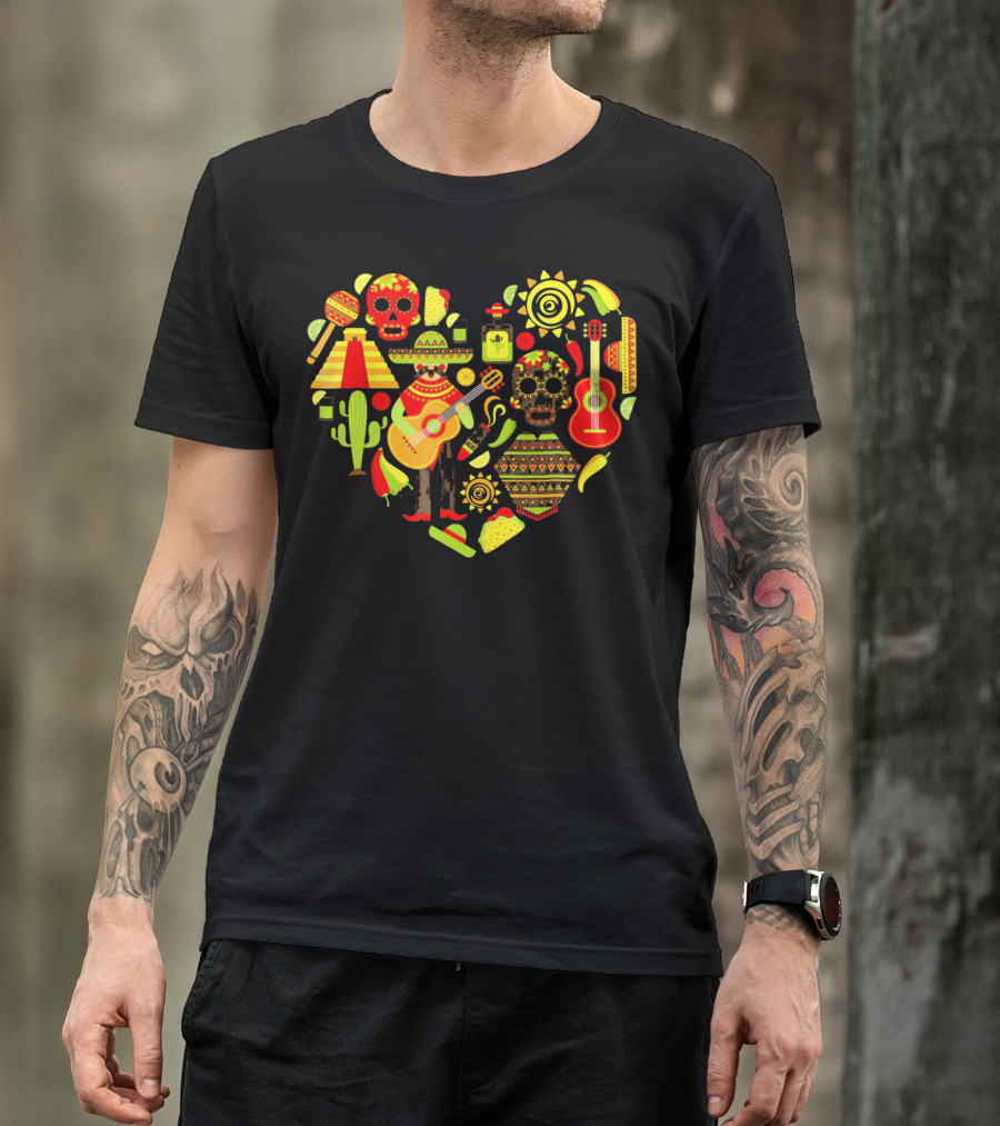 Cinco De Mayo Love Skull Guitar Cactus Sombrero Heart T-Shirt