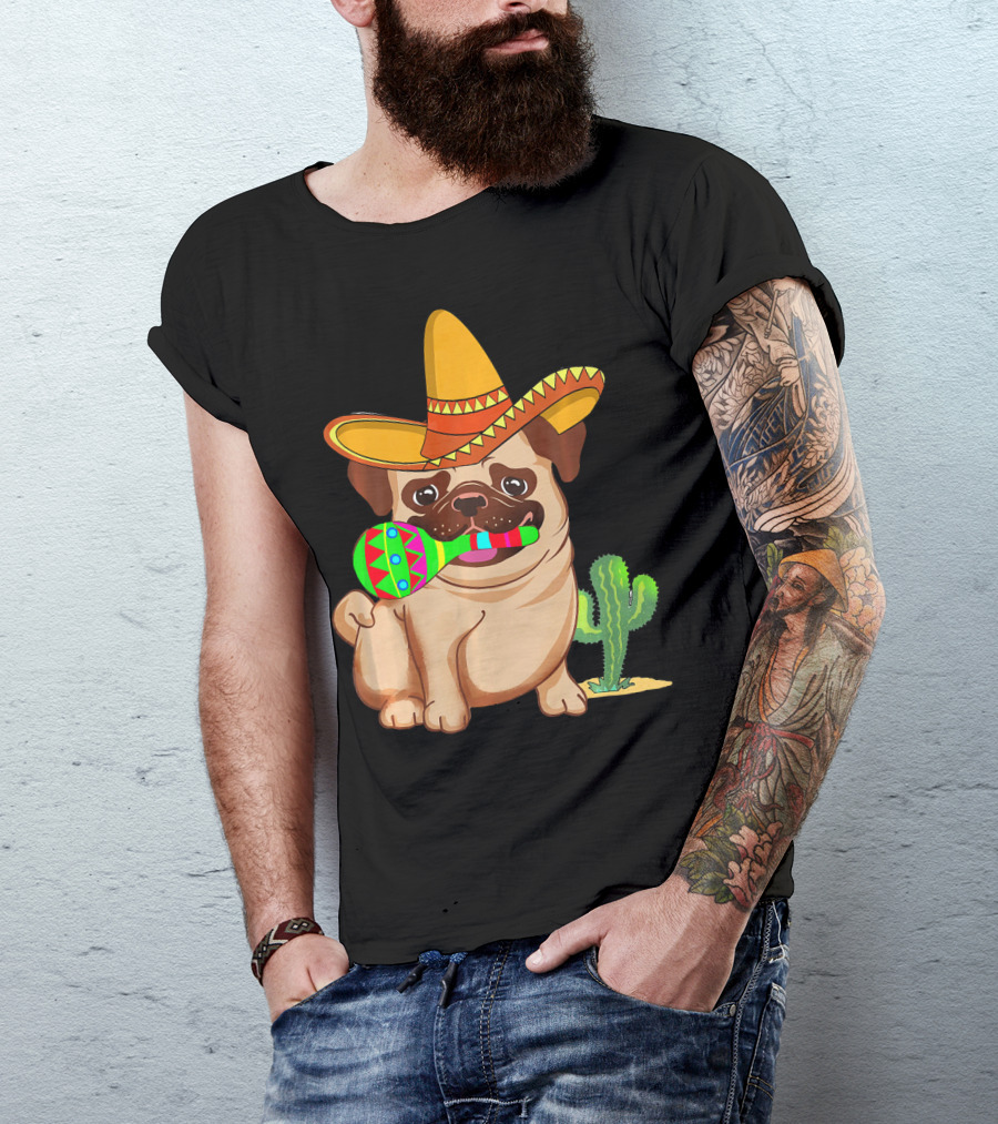 Pug Dog In Sombrero With Maracas For Cinco De Mayo 5th Of May T-Shirt