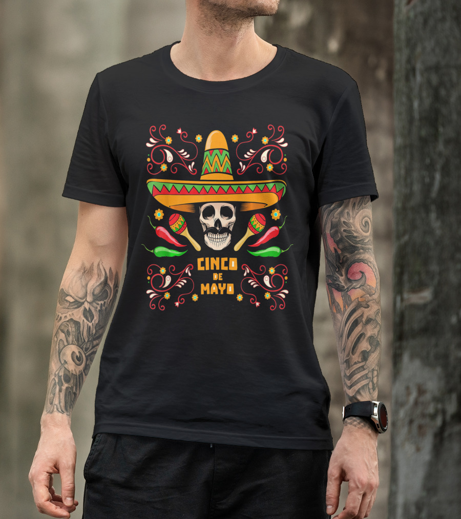 Cinco De Mayo Skull With Sombrero Maracas And Peppers T-Shirt