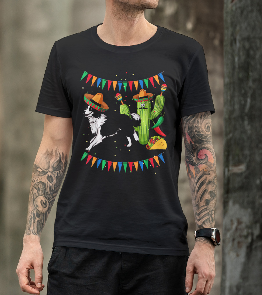 Sombrero Border Collie Dog Cactus Taco Mexico Cinco T-Shirt
