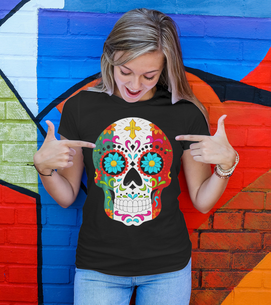 Day Of The Dead Sugar Skull Cinco De Mayo Mexican Flag Colors T-Shirt