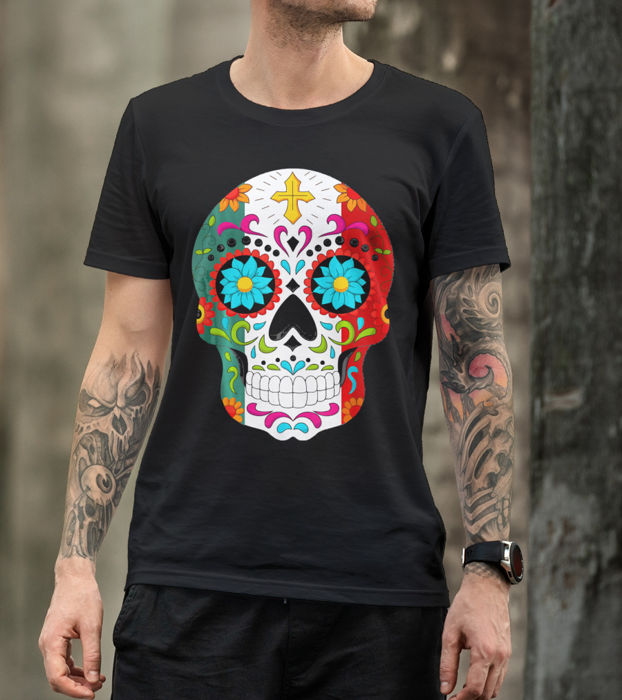 Day Of The Dead Sugar Skull Cinco De Mayo Mexican Flag Colors T-Shirt