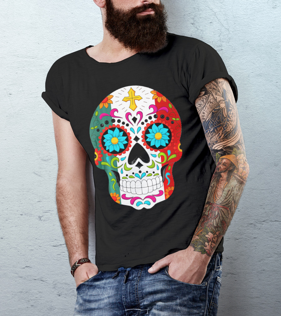 Day Of The Dead Sugar Skull Cinco De Mayo Mexican Flag Colors T-Shirt