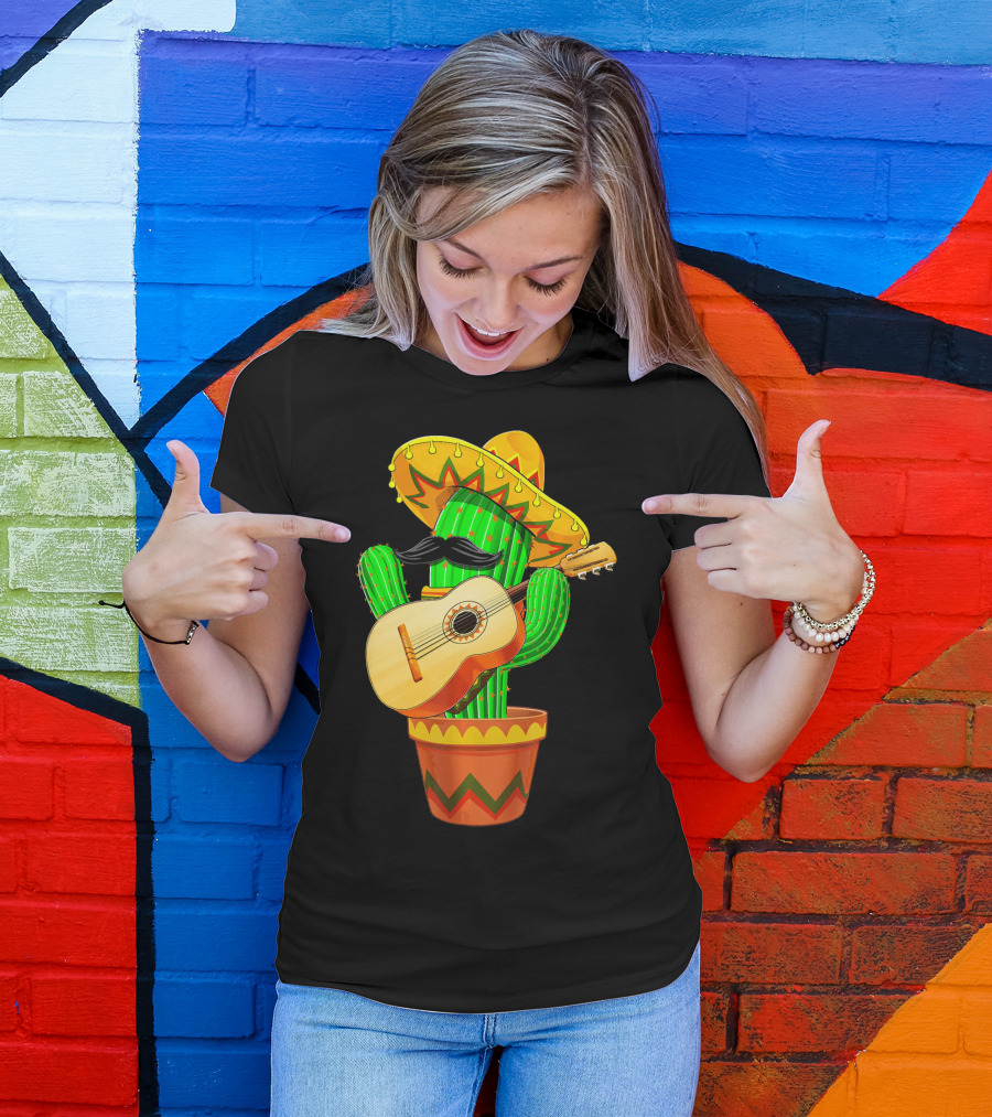 Cinco De Mayo Cactus With Sombrero And Guitar T-Shirt