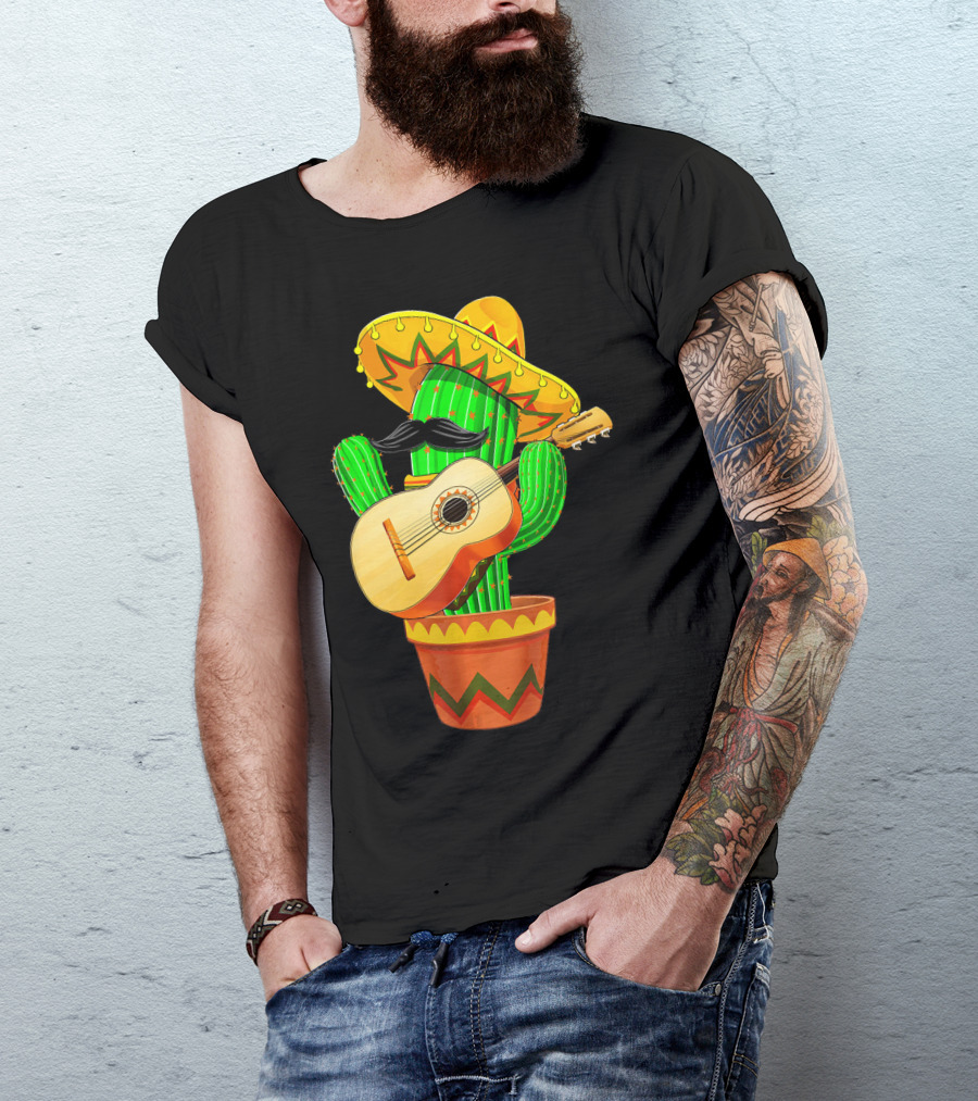 Cinco De Mayo Cactus With Sombrero And Guitar T-Shirt