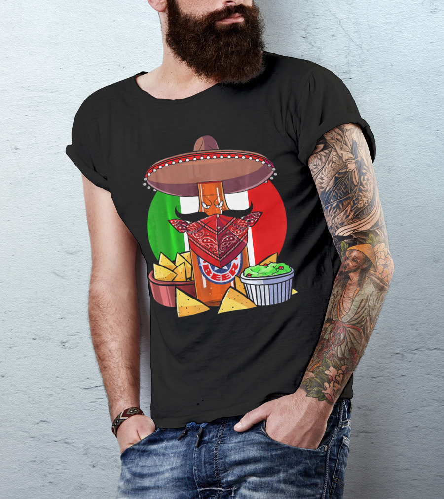 Funny Cinco De Mayo Beer Bottle With Sombrero And Guacamole Fiesta Napkin Bandana T-Shirt