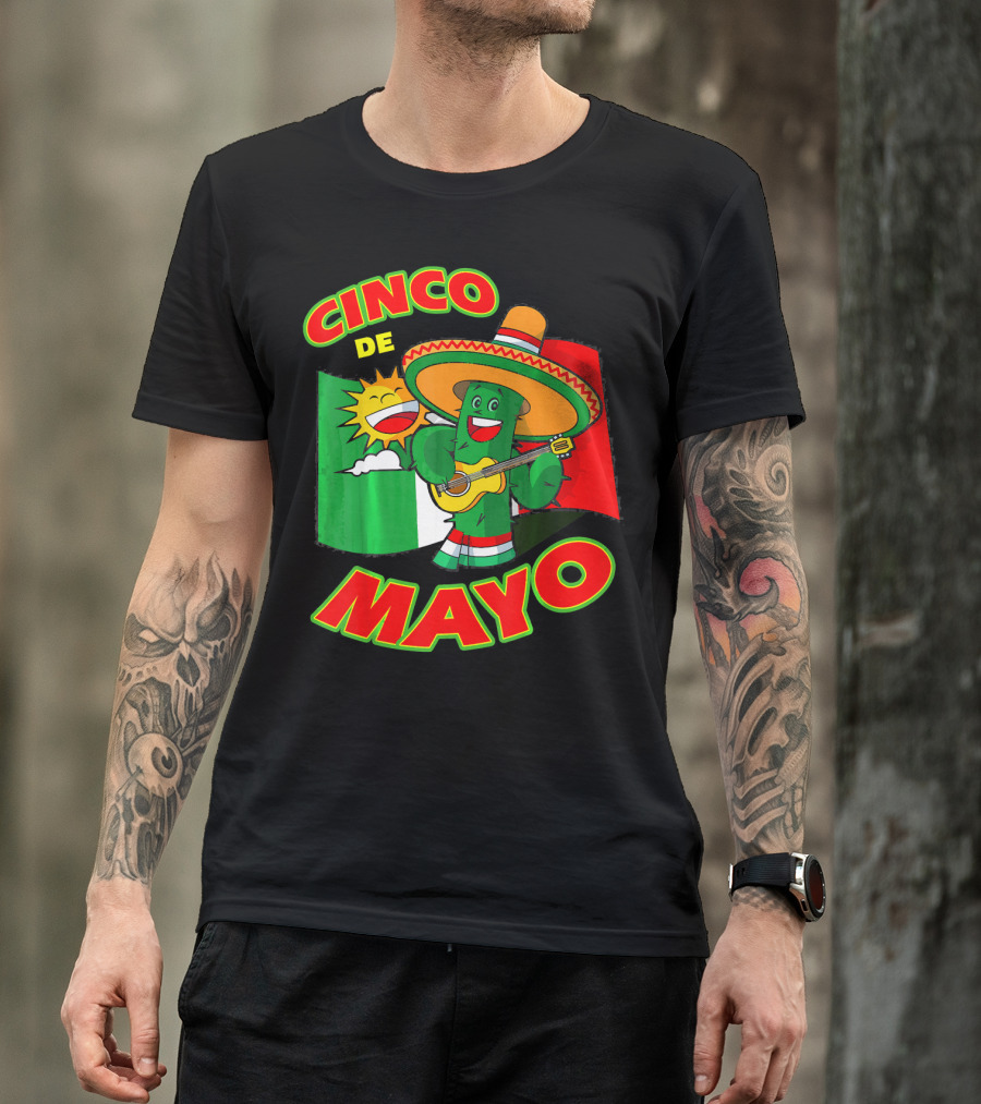 Cinco De Mayo Fiesta Cactus Sombrero Guitar Mexican Flag T-Shirt
