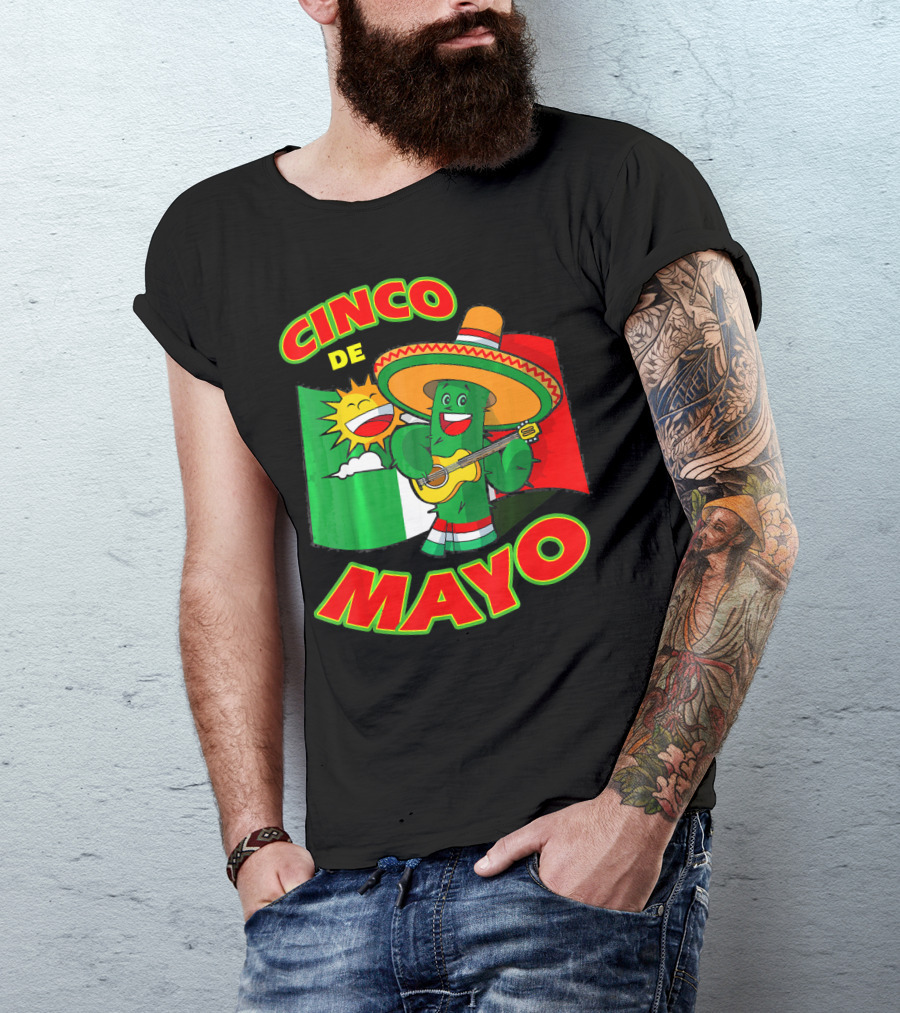 Cinco De Mayo Fiesta Cactus Sombrero Guitar Mexican Flag T-Shirt