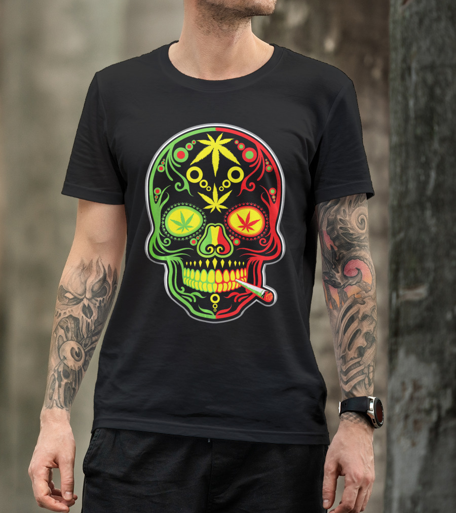 Weed Sugar Skull Marijuana Canna Rasta Colors T-Shirt