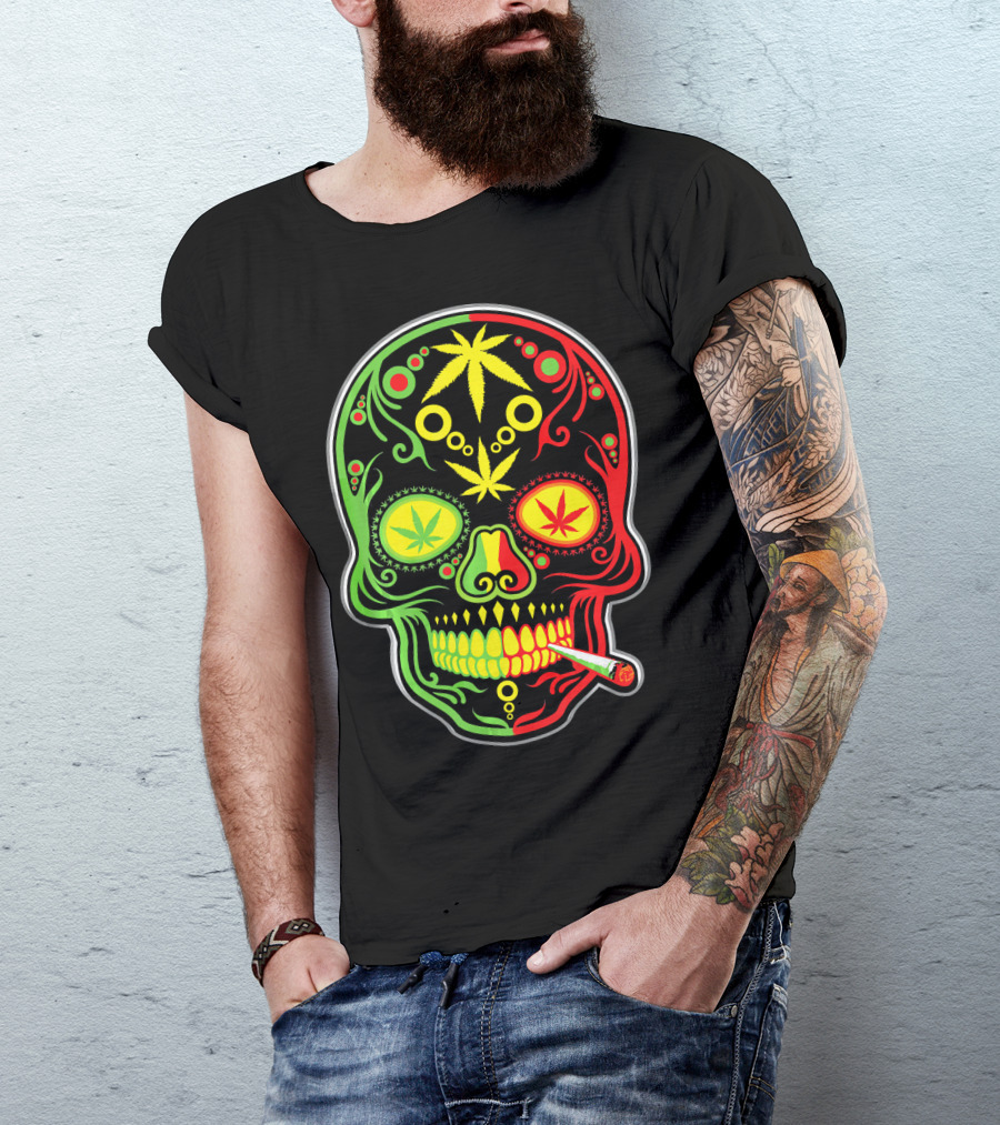 Weed Sugar Skull Marijuana Canna Rasta Colors T-Shirt