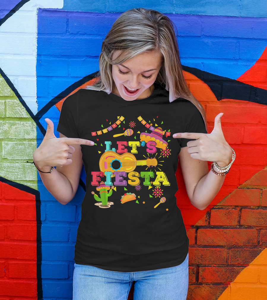 Let's Fiesta Cinco De Mayo Mexican Celebration Guitar Sombrero Maracas Taco Cactus Decorations T-Shirt