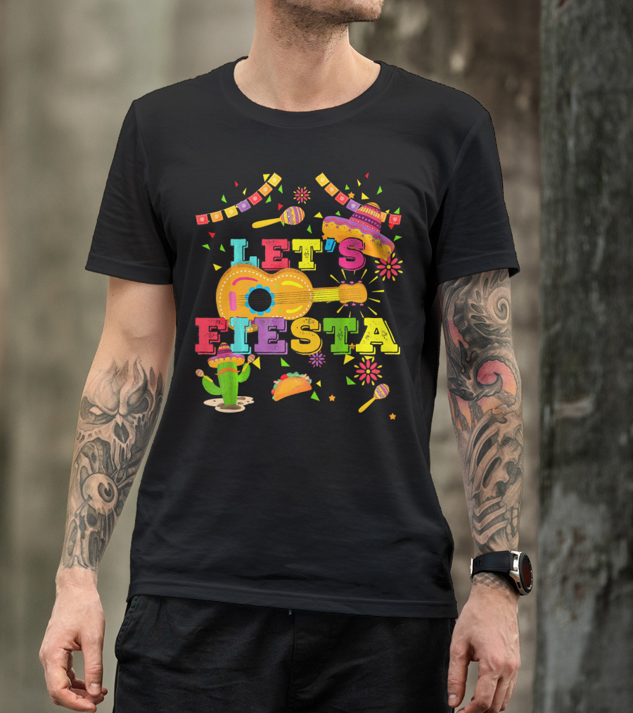 Let's Fiesta Cinco De Mayo Mexican Celebration Guitar Sombrero Maracas Taco Cactus Decorations T-Shirt