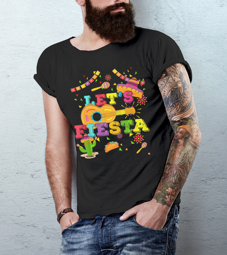 Let's Fiesta Cinco De Mayo Mexican Celebration Guitar Sombrero Maracas Taco Cactus Decorations T-Shirt