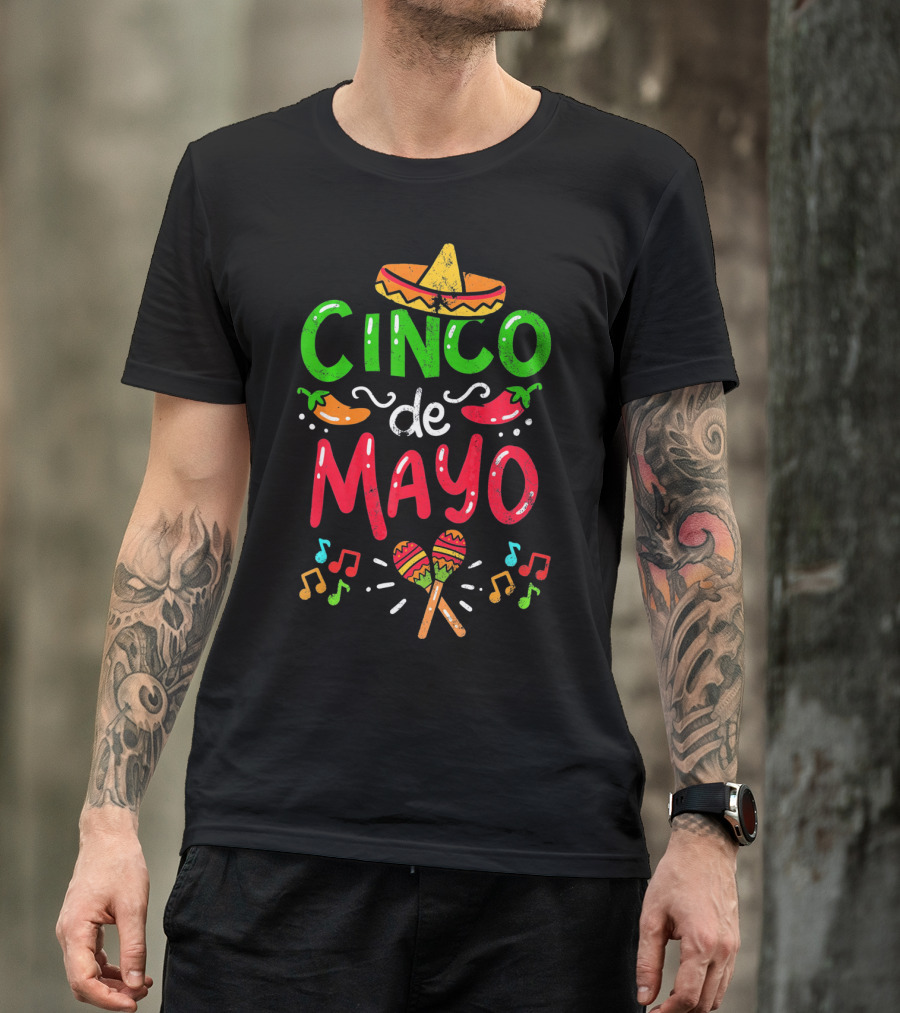 Cinco De Mayo Mexico Sombrero Maracas Peppers Music Notes T-Shirt