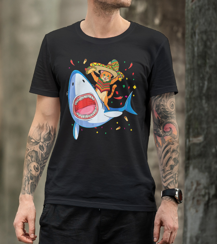 Funny Taco Cat Riding Shark Cinco De Mayo Sombrero T-Shirt