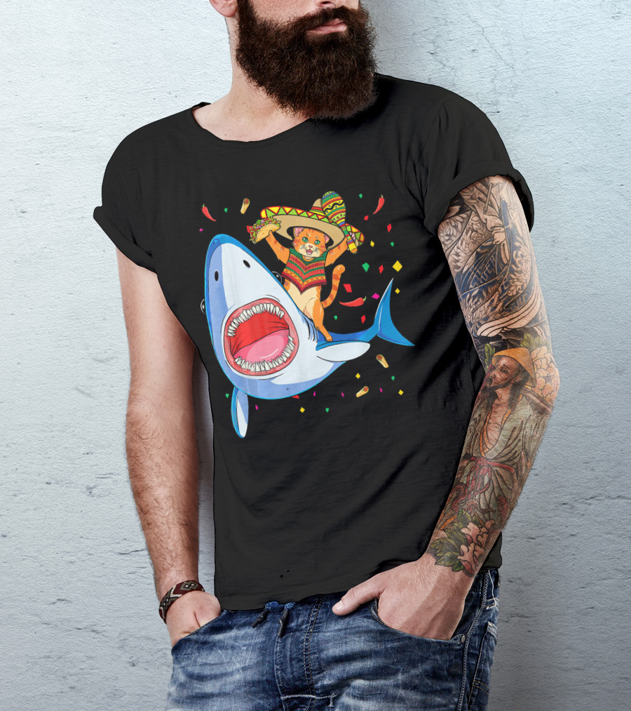 Funny Taco Cat Riding Shark Cinco De Mayo Sombrero T-Shirt