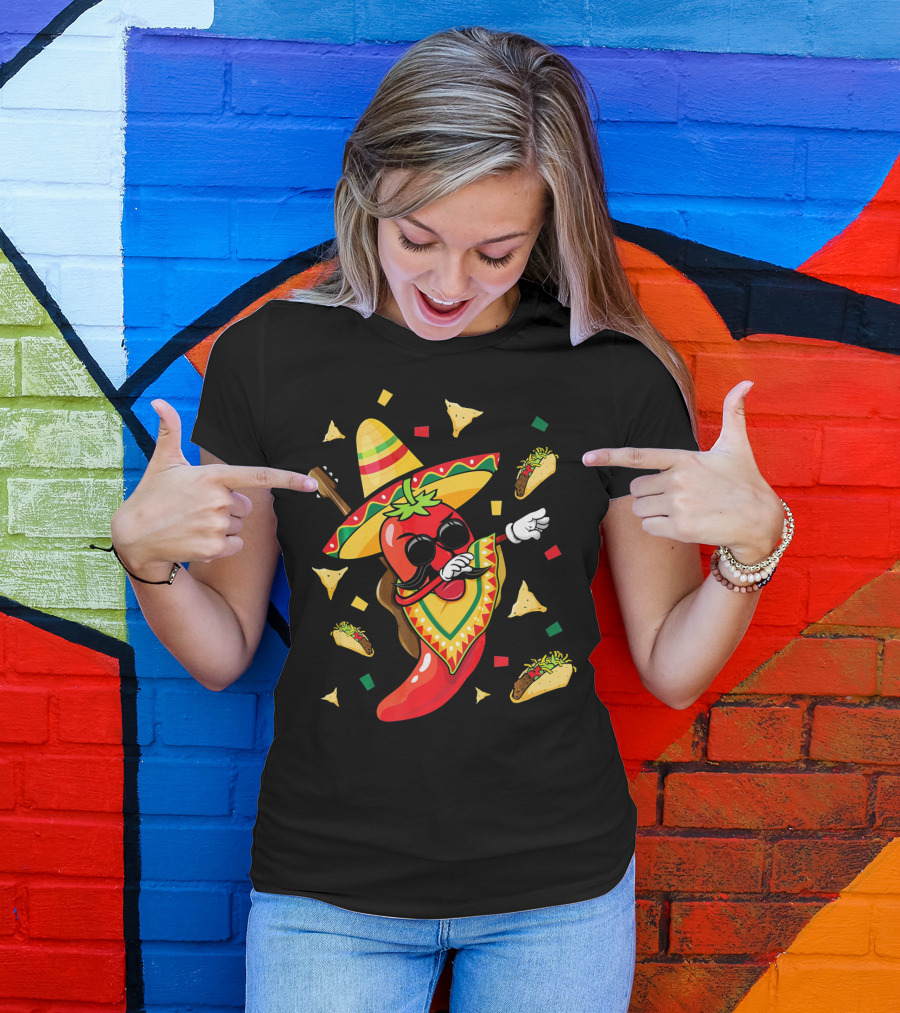 Mexican Sombrero Dabbing Jalapeno With Tacos And Nachos Fiesta Explosion T-Shirt