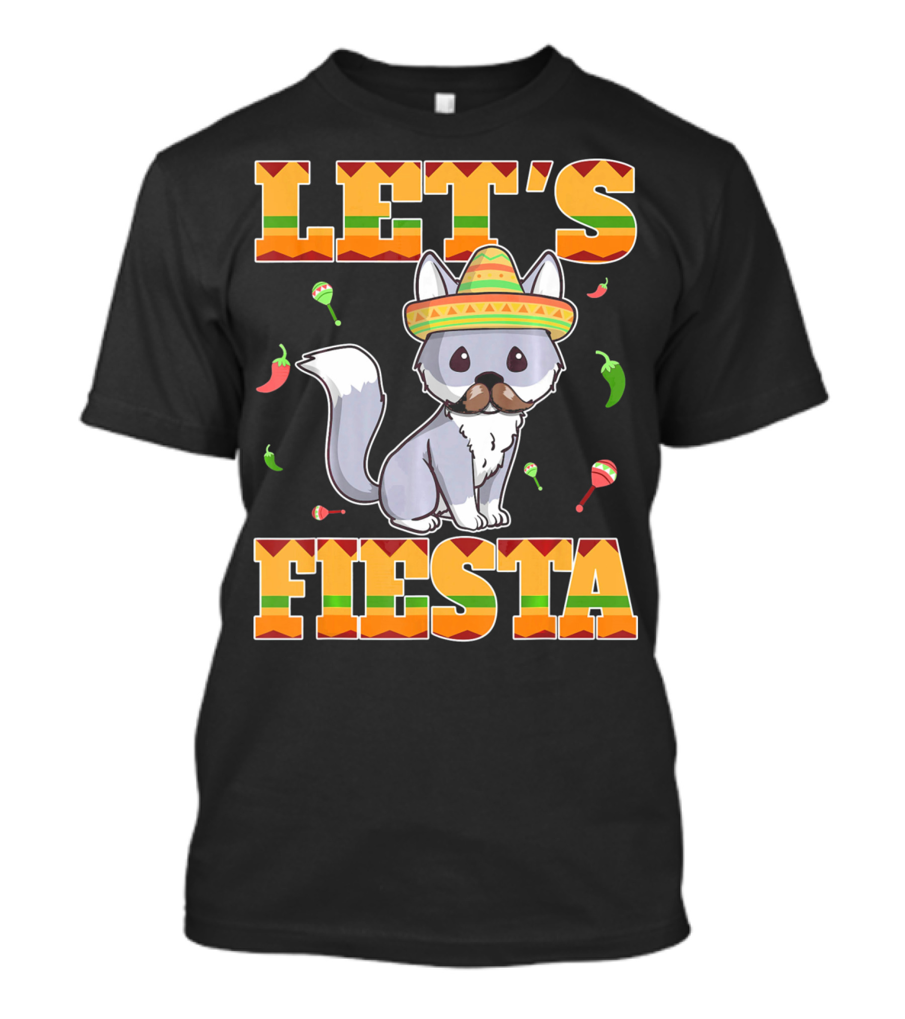 Let's Fiesta Kitty Cat Cinco De Mayo Mexi Sombrero Peppers Maracas T-Shirt