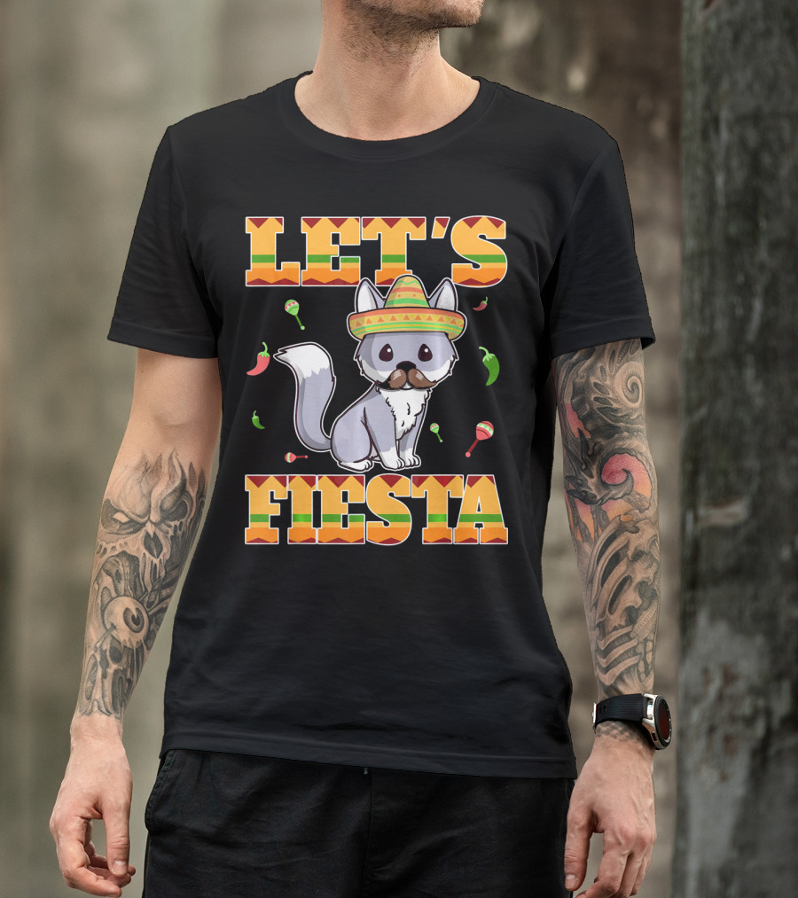 Let's Fiesta Kitty Cat Cinco De Mayo Mexi Sombrero Peppers Maracas T-Shirt