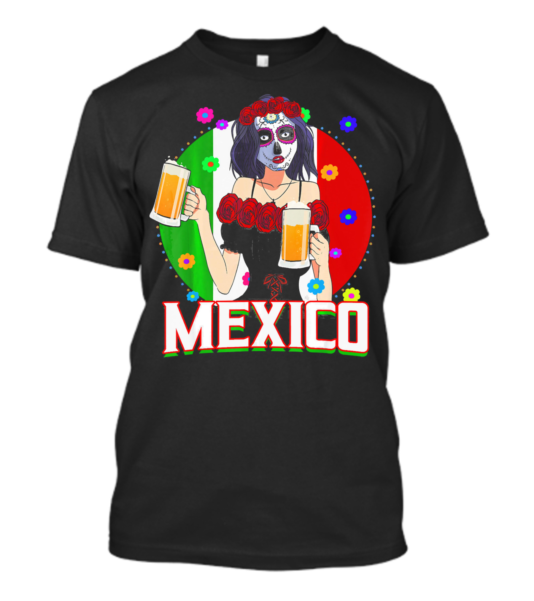 Cinco De Mayo Sugar Skull Woman Holding Beers Mexico Flag T-Shirt