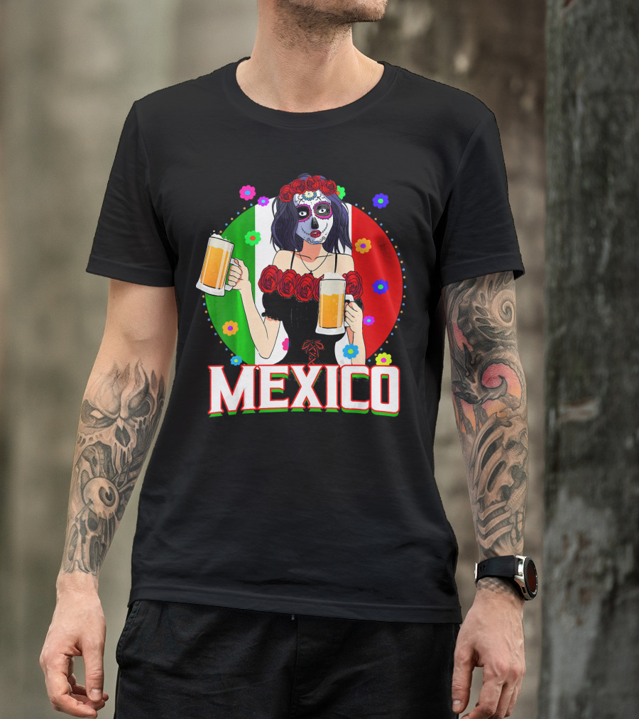Cinco De Mayo Sugar Skull Woman Holding Beers Mexico Flag T-Shirt