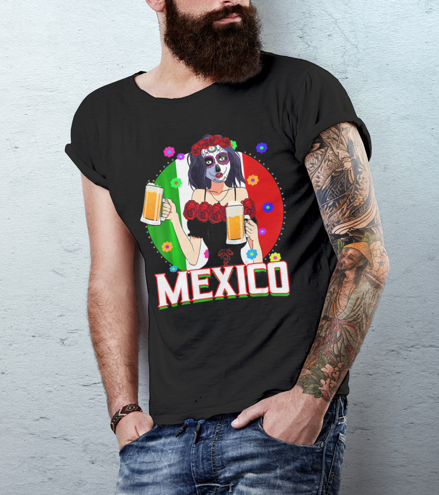 Cinco De Mayo Sugar Skull Woman Holding Beers Mexico Flag T-Shirt
