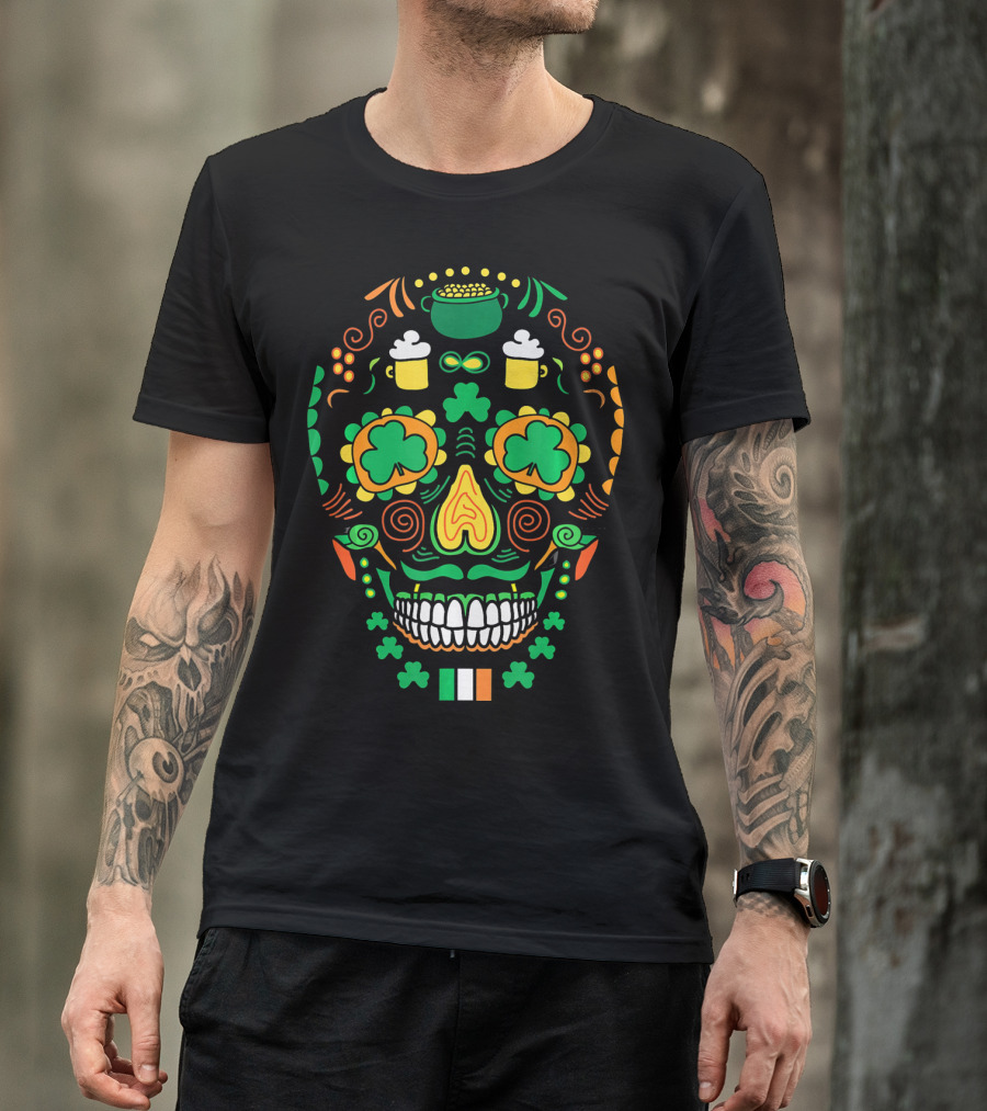 Shamrock Sugar Skull Irish Cinco De Mayo T-Shirt