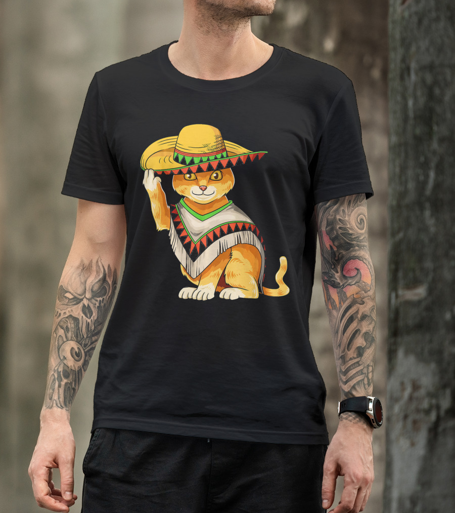 Mexican Cat Cinco De Mayo Cat Poncho Sombrero Fiesta T-Shirt