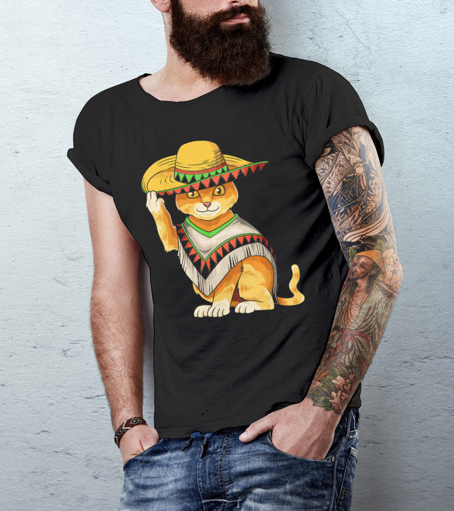 Mexican Cat Cinco De Mayo Cat Poncho Sombrero Fiesta T-Shirt