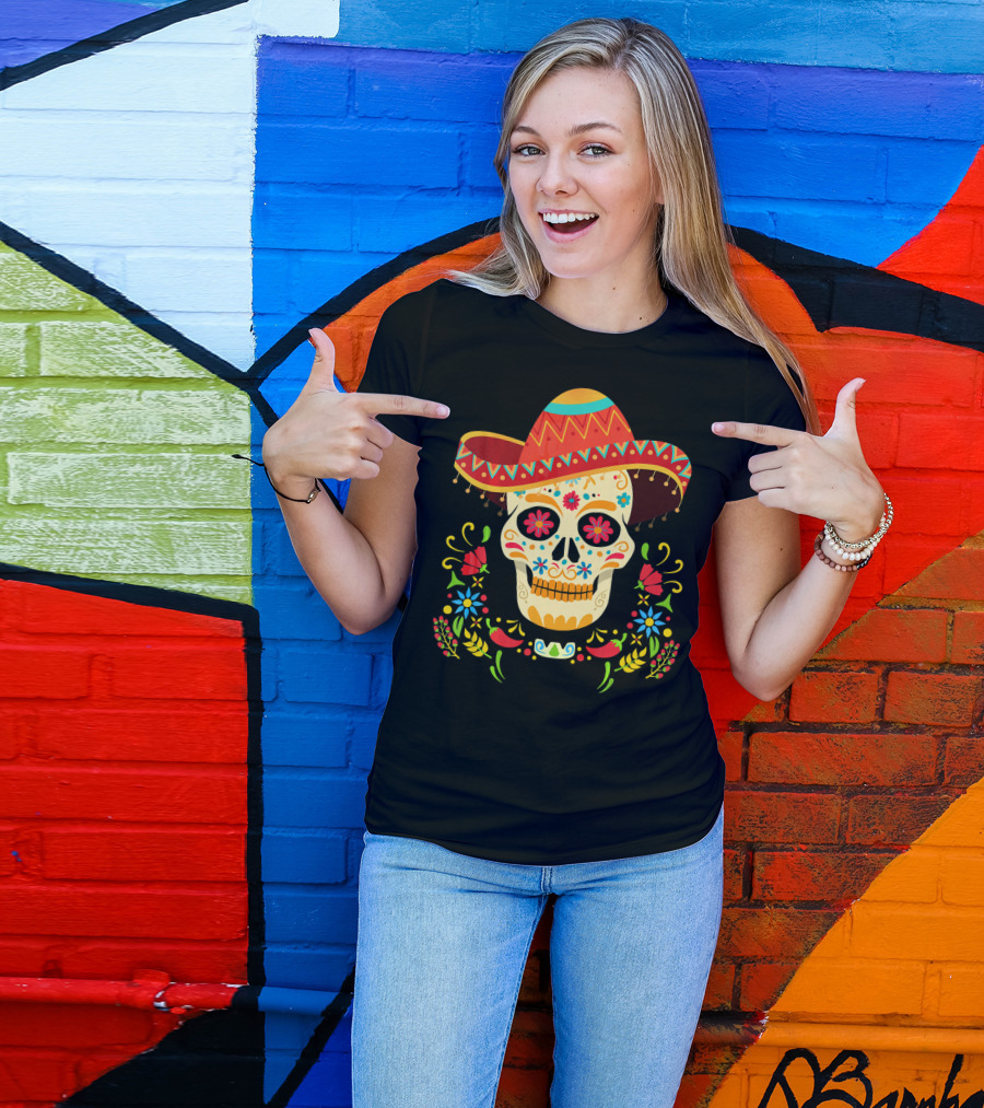 Day Of The Dead Skull Cinco De Mayo Sombrero Floral Fiesta T-Shirt