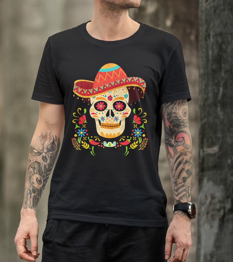 Day Of The Dead Skull Cinco De Mayo Sombrero Floral Fiesta T-Shirt