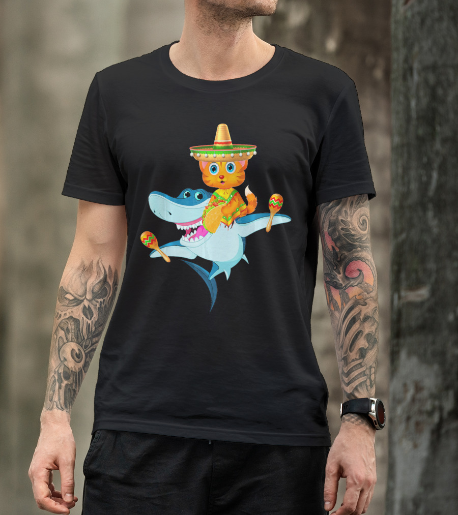 Funny Cinco De Mayo Cat Riding A Shark Sombrero Maracas Fiesta T-Shirt