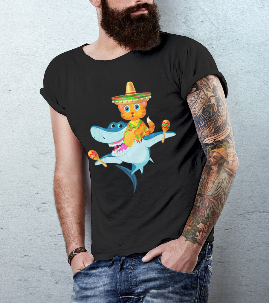 Funny Cinco De Mayo Cat Riding A Shark Sombrero Maracas Fiesta T-Shirt