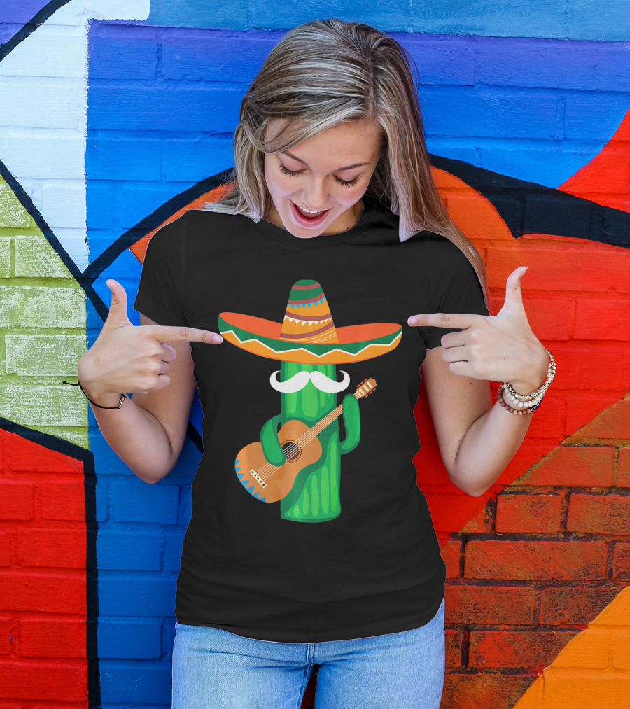 Mustache Cactus Sombrero Playing Guitar T-Shirt