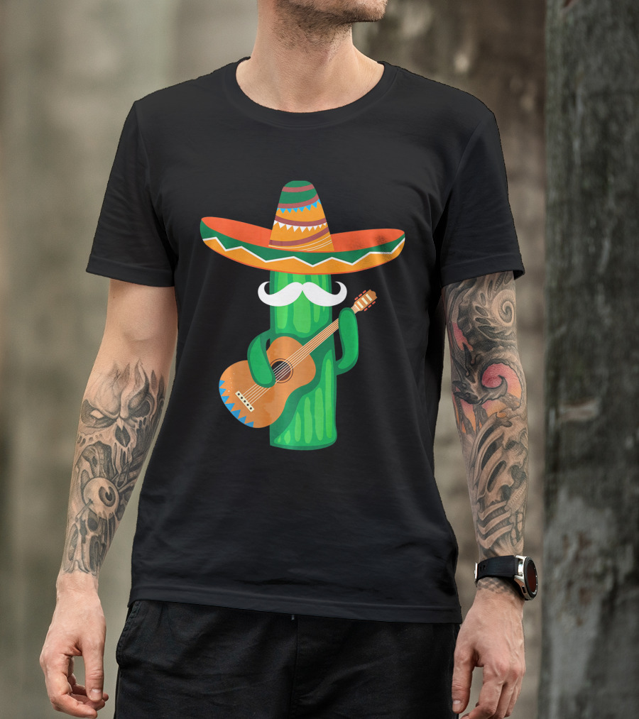 Mustache Cactus Sombrero Playing Guitar T-Shirt