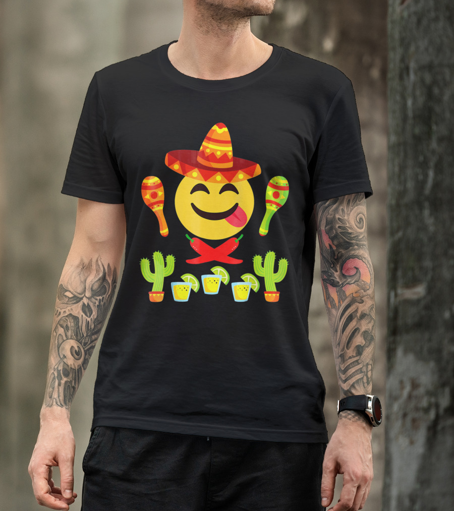 Cinco De Mayo Emoji Tongue Sombrero Cactus Maracas Peppers Lime Shots T-Shirt