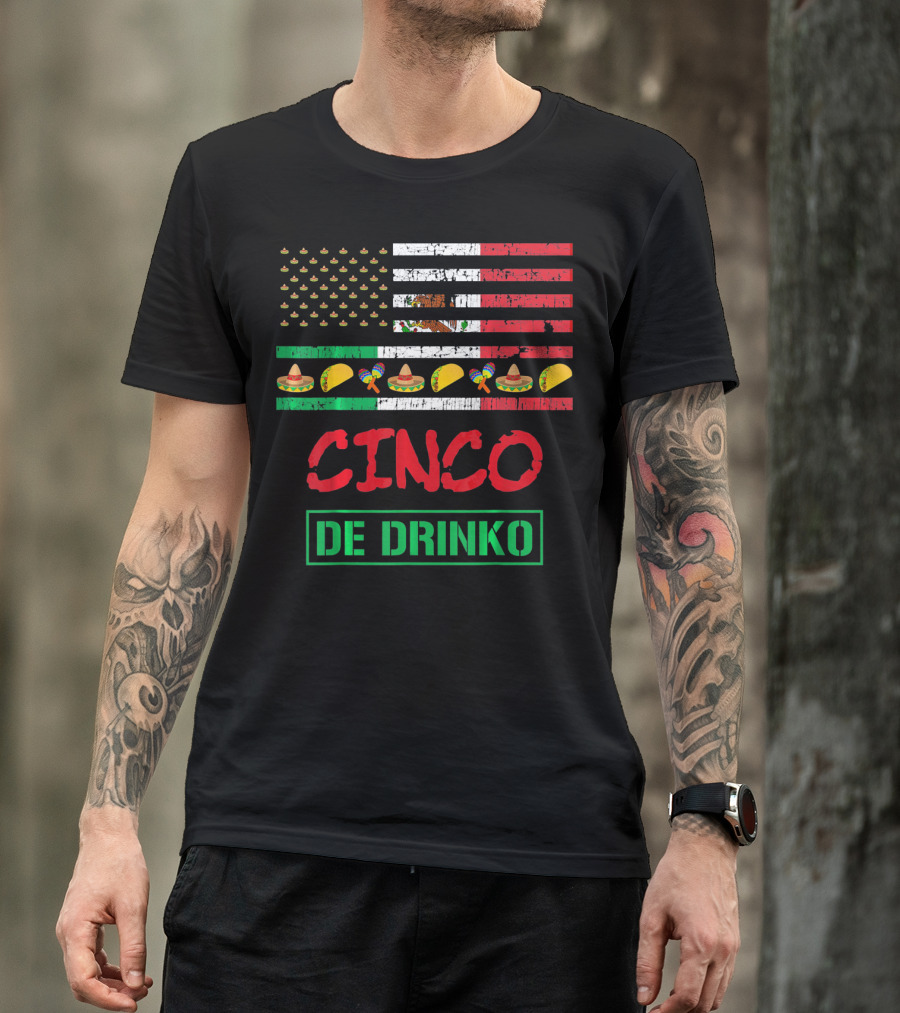 Cinco De Drinko Funny Mexico Flag Sombrero Taco Maracas Icons T-Shirt