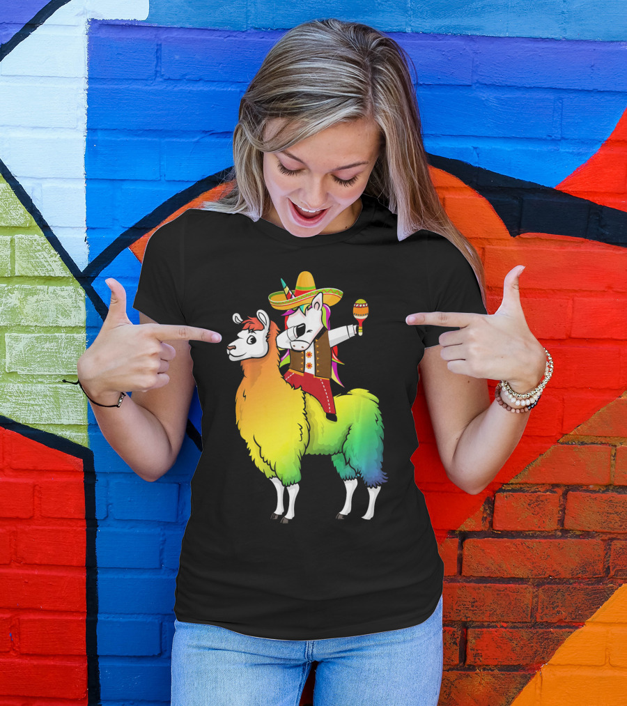Unicorn Dabbing Riding Llama With Sombrero And Maracas Funny Cinco T-Shirt