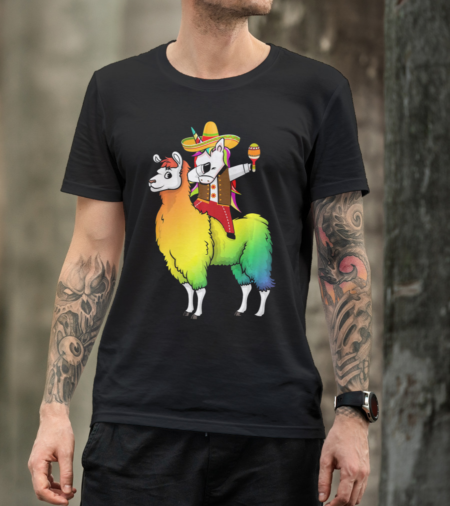 Unicorn Dabbing Riding Llama With Sombrero And Maracas Funny Cinco T-Shirt