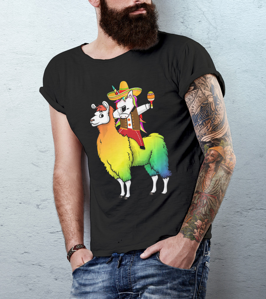 Unicorn Dabbing Riding Llama With Sombrero And Maracas Funny Cinco T-Shirt