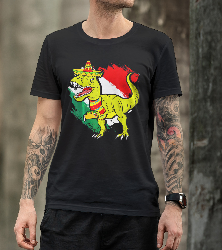 Tacosaurus Rex Sombrero Mexican Flag Cinco De Mayo Mexican Pride T-Shirt